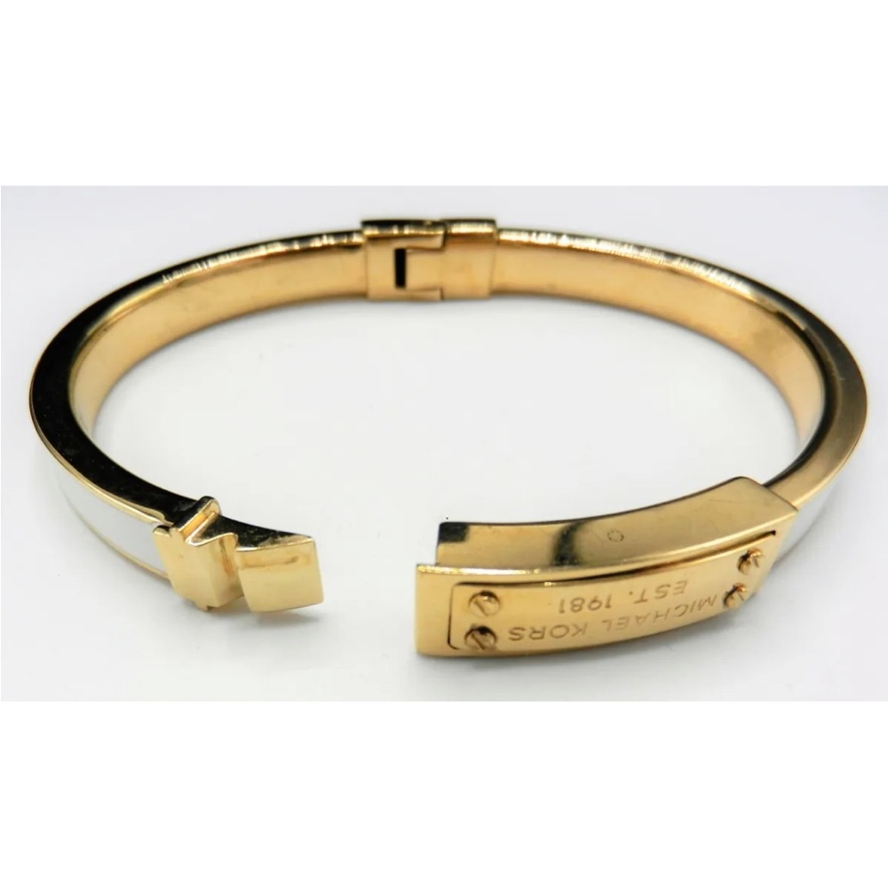 Michael Kors Hinged Logo Bracelet Gold Tone White Enamel Size S/M